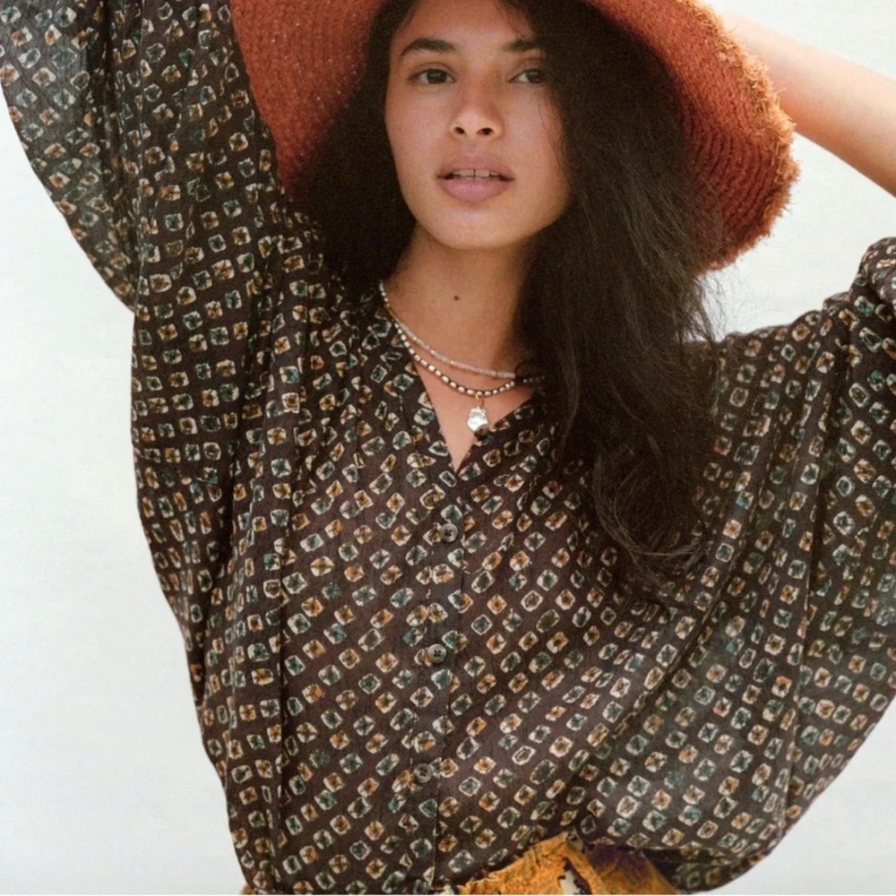Anthropologie Pamela Brown Motif Printed Blouse Womens Small Boho Earthy Peasant